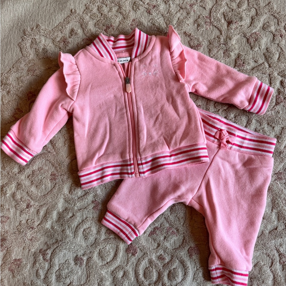 Janie and Jack Pink Kitty Baby Zip up Track Suit Outfit 0-3 Months Infant